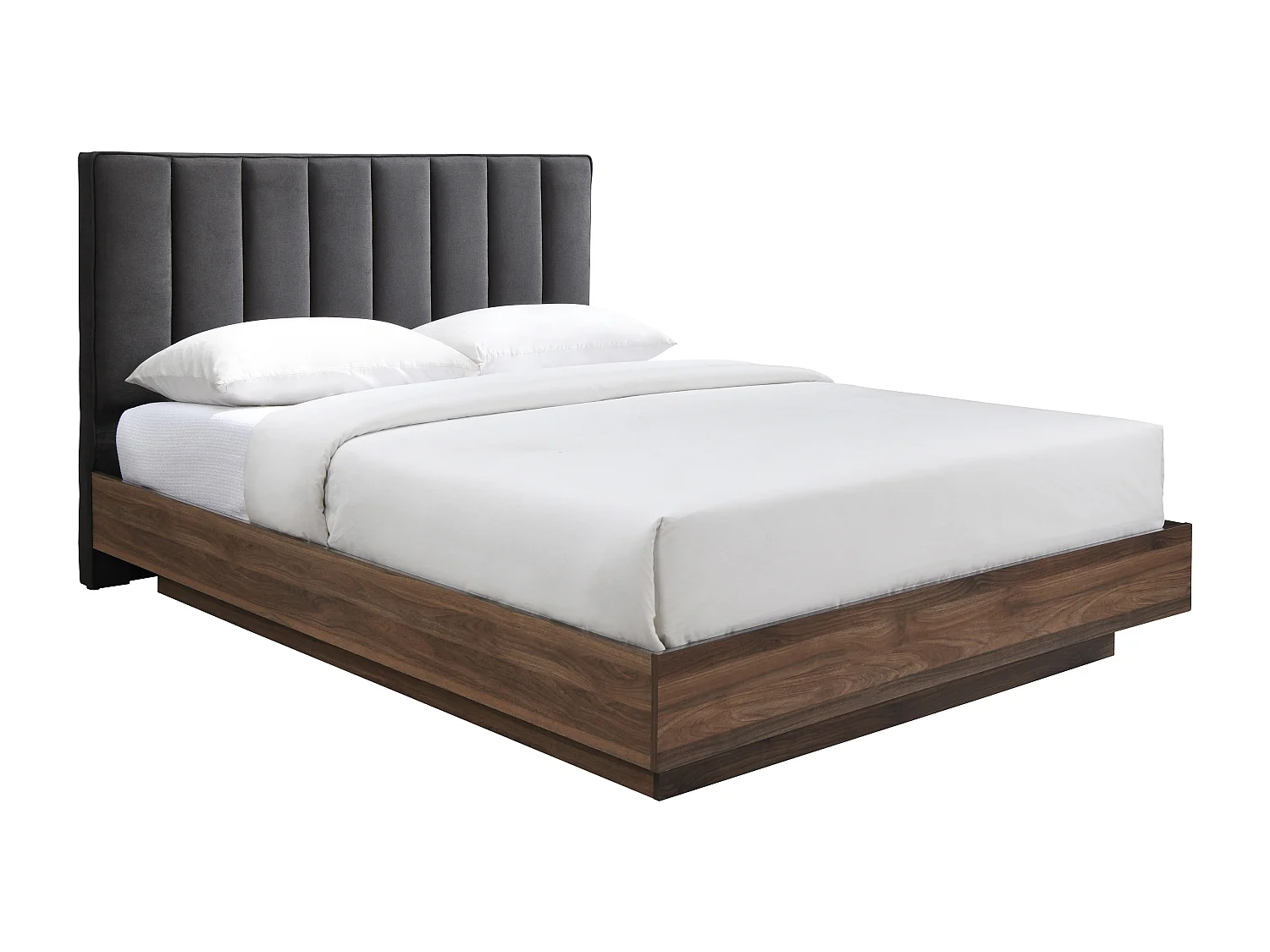 Lit 160 x 200 cm avec tête de lit en tissu – Gris et naturel foncé + Matelas – VONYLA