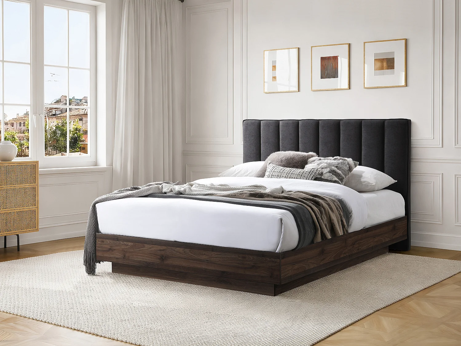 Lit 160 x 200 cm avec tête de lit en tissu – Gris et naturel foncé + Matelas – VONYLA