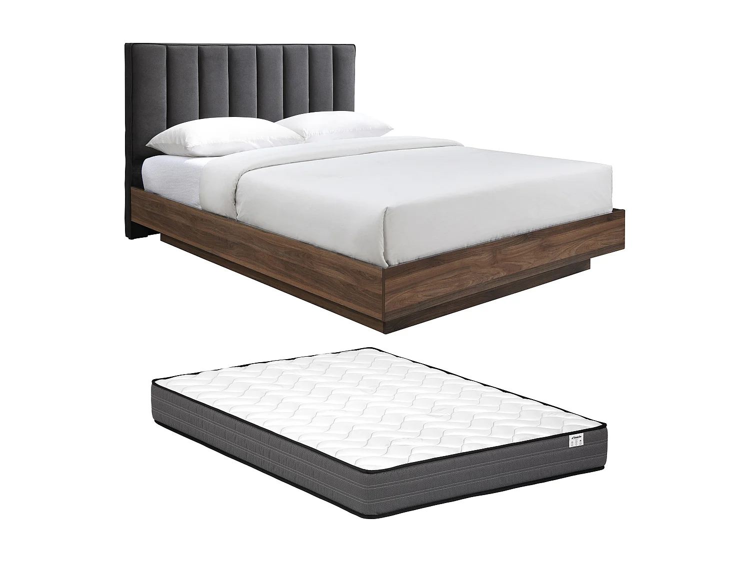 Lit 160 x 200 cm avec tête de lit en tissu – Gris et naturel foncé + Matelas – VONYLA