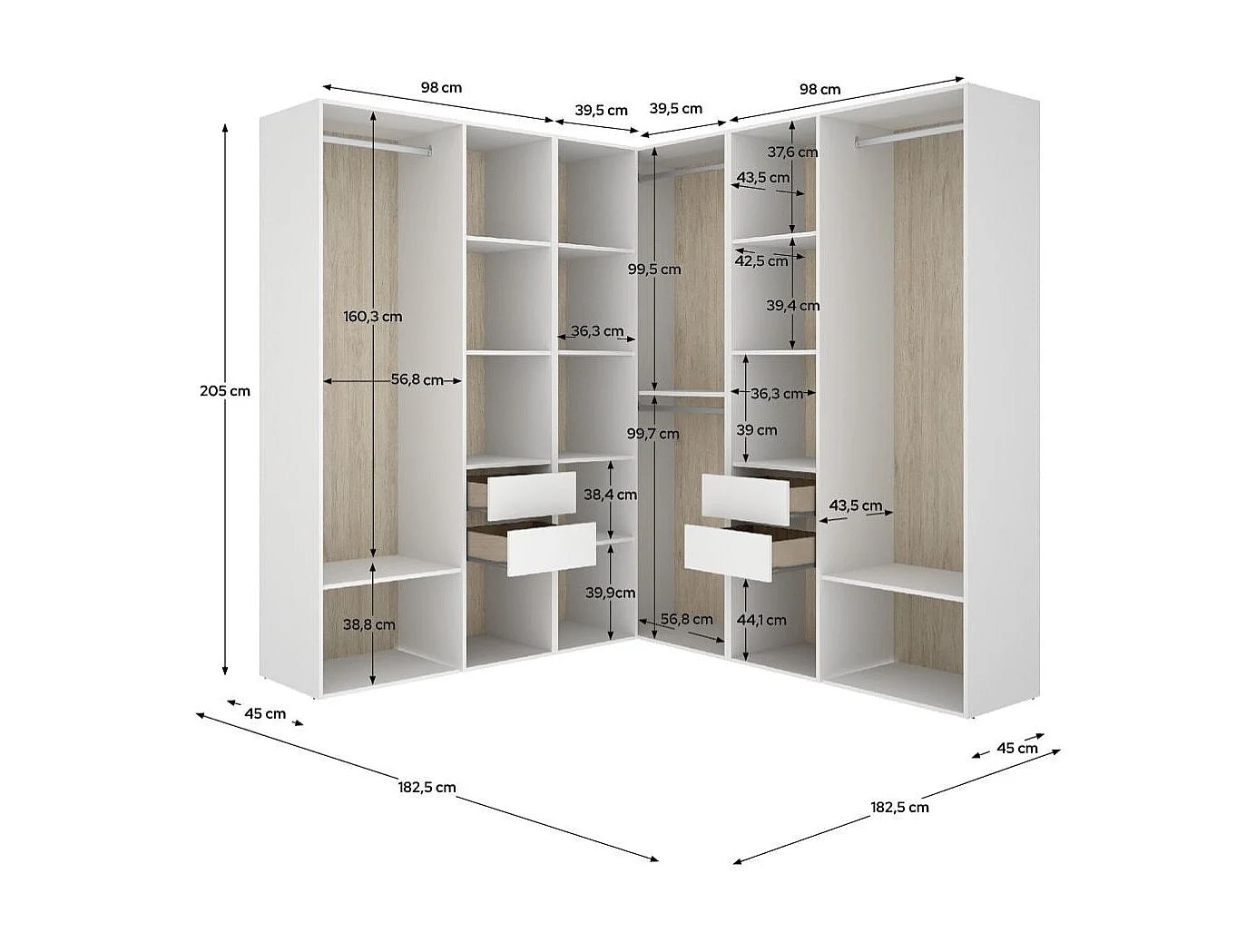 Armario vestidor Suit 4 barras con 4 cajones y compartimentos blanco/natural 205x182,5x182,5 cm