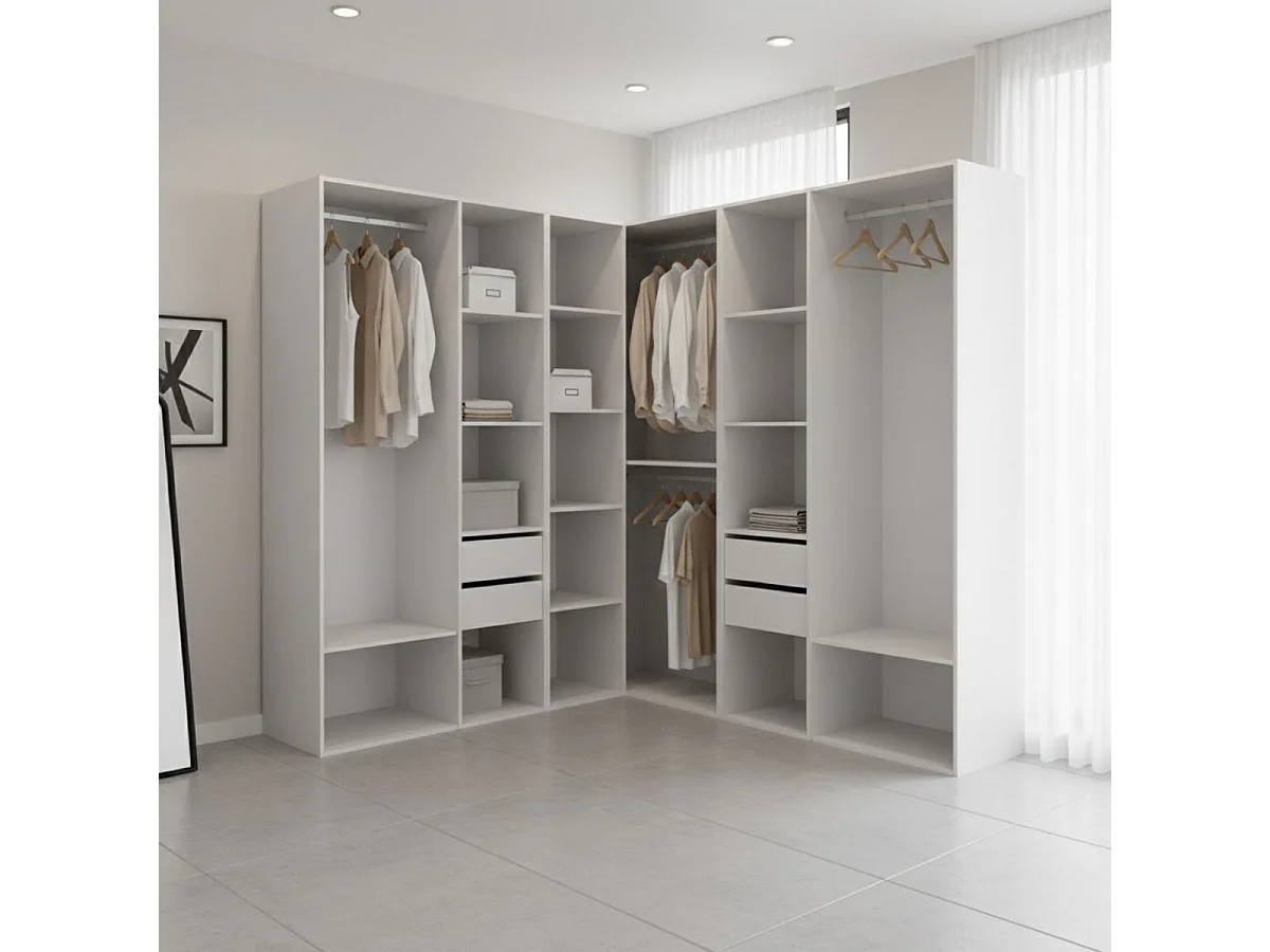 Armario vestidor Suit 4 barras con 4 cajones y compartimentos blanco/natural 205x182,5x182,5 cm