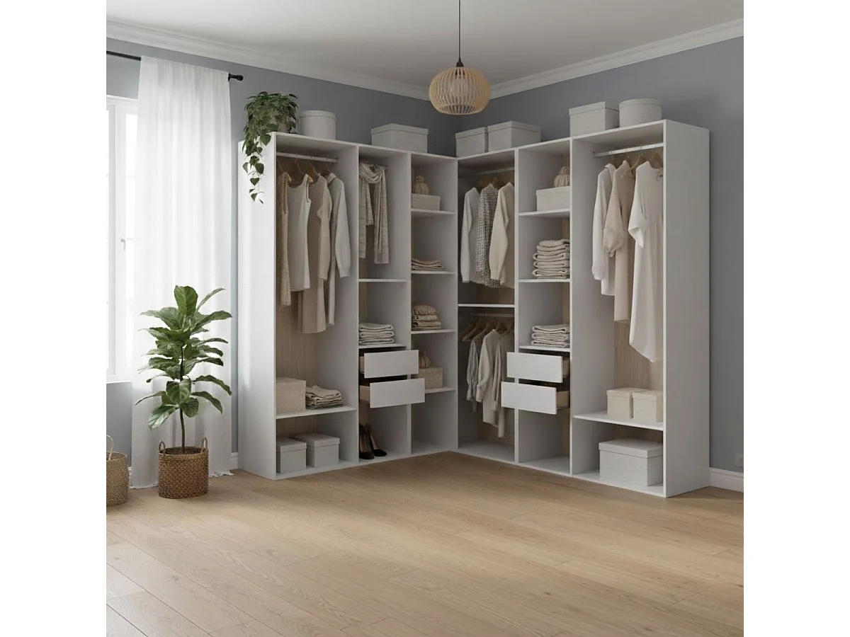 Armario vestidor Suit 4 barras con 4 cajones y compartimentos blanco/natural 205x182,5x182,5 cm