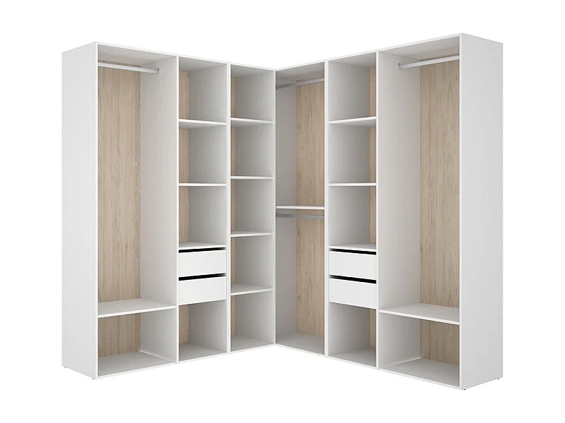 Armario vestidor Suit 4 barras con 4 cajones y compartimentos blanco/natural 205x182,5x182,5 cm