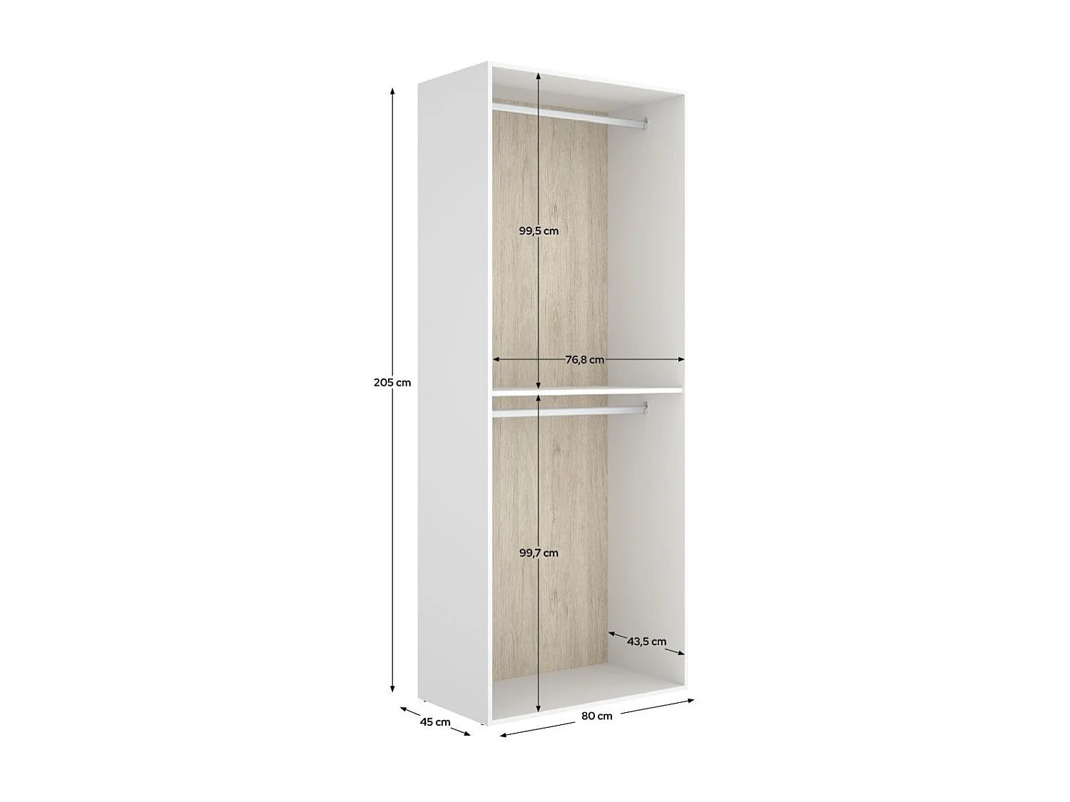 Armario vestidor Suit dos barras con trasera reversible blanco/natural 205x80x45 cm