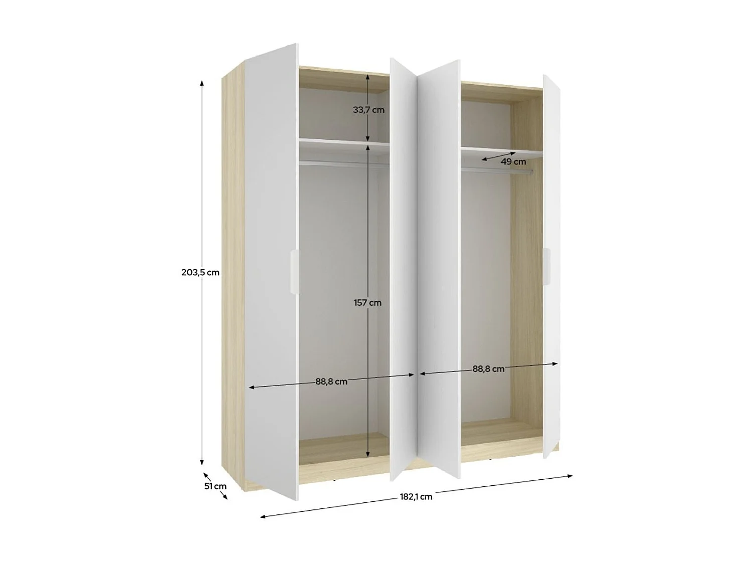 Armario Emax 4 puertas abatibles blanco/natural 203,5x182,1x51,4 cm