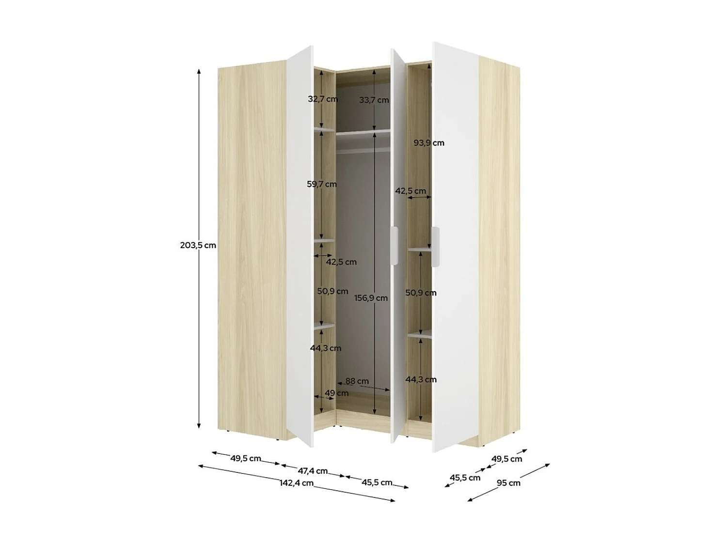 Armario esquinero Emax 3 puertas blanco/natural 203,5x142,4x95 cm