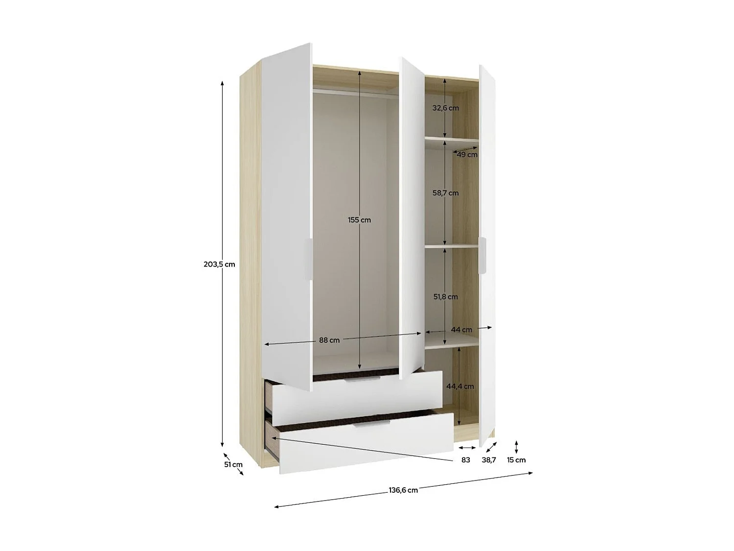 Armario Emax 3 puertas con 2 cajones blanco/natural 203,5x136,6x51,4 cm