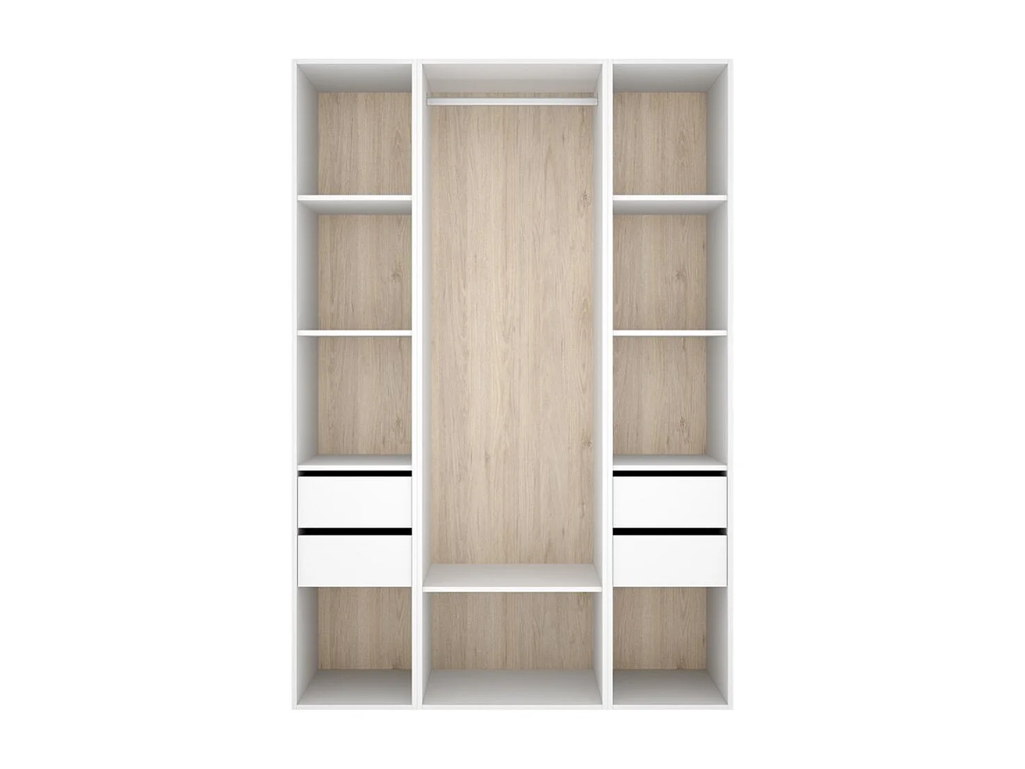 Armario vestidor Suit 4 cajones con barra y compartimentos blanco/natural 205x137,5x45 cm