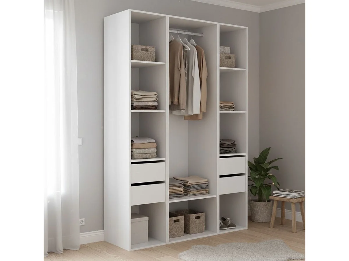 Armario vestidor Suit 4 cajones con barra y compartimentos blanco/natural 205x137,5x45 cm