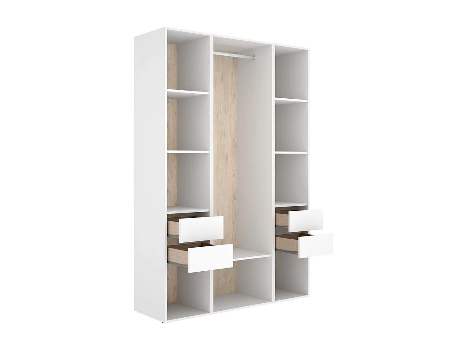 Armario vestidor Suit 4 cajones con barra y compartimentos blanco/natural 205x137,5x45 cm