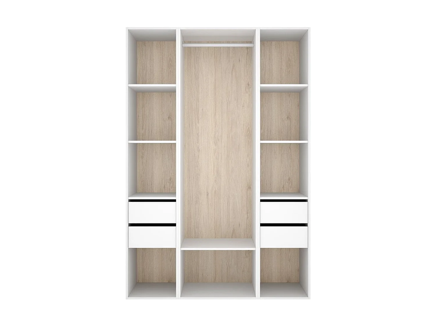 Armario vestidor Suit 4 cajones con barra y compartimentos blanco/natural 205x137,5x45 cm