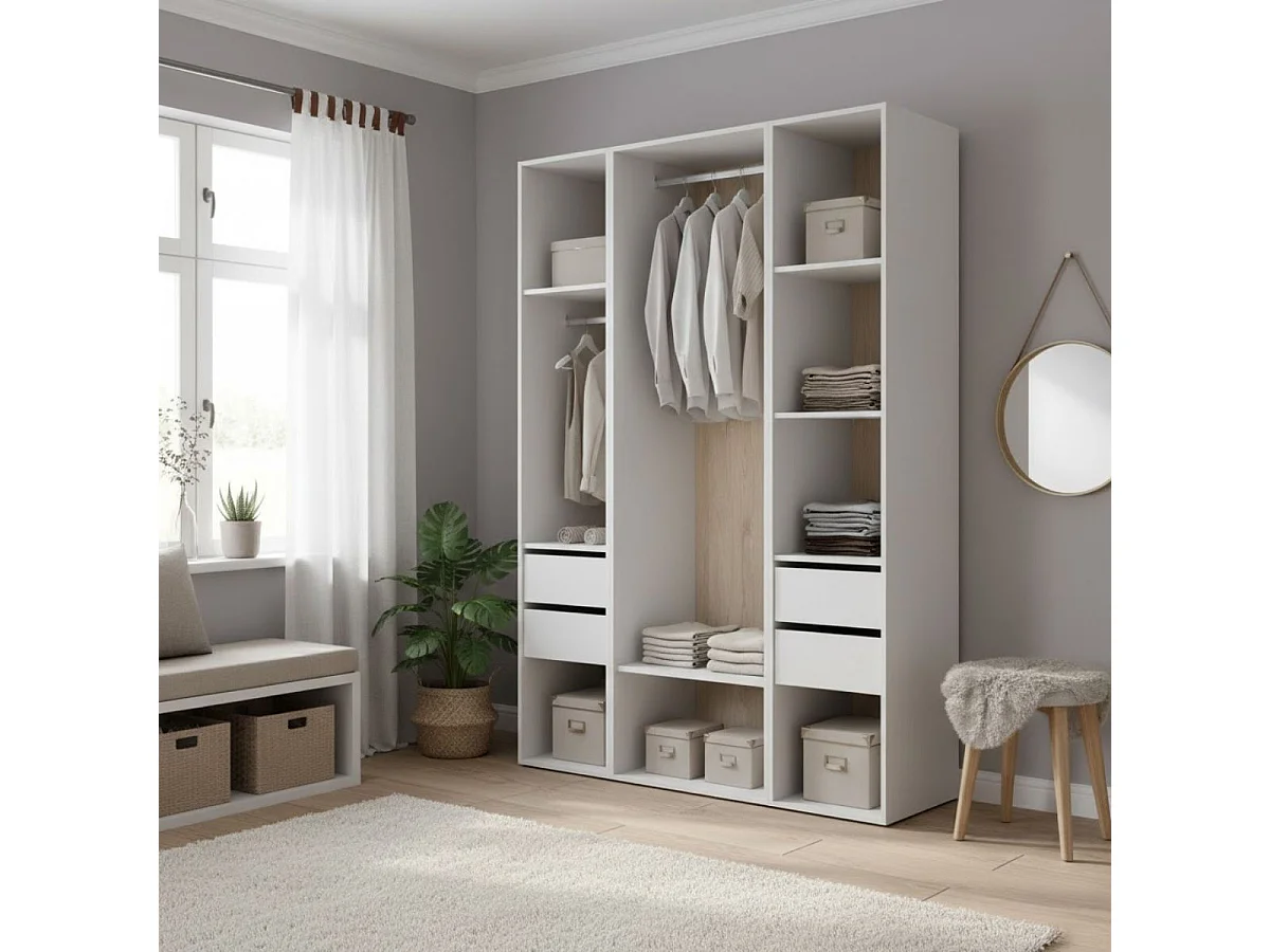 Armario vestidor Suit 4 cajones con barra y compartimentos blanco/natural 205x137,5x45 cm