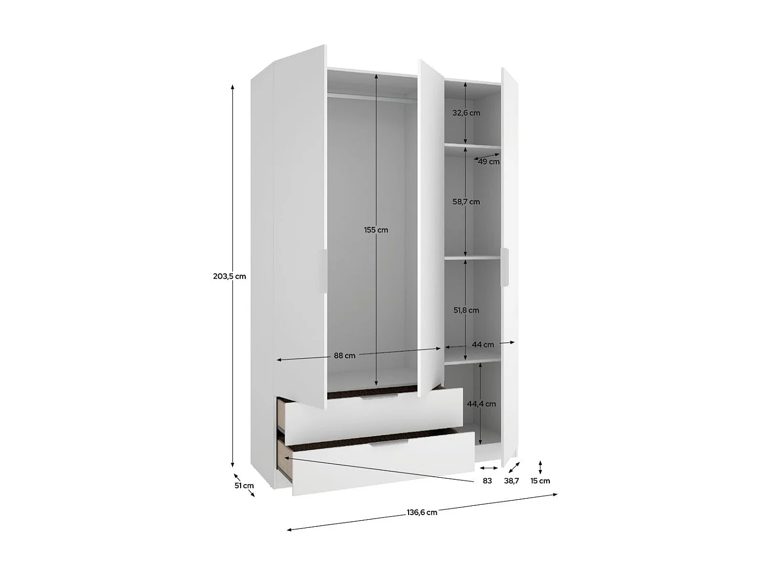 Armario Emax 3 puertas con 2 cajones blanco 203,5x136,6x51,4 cm