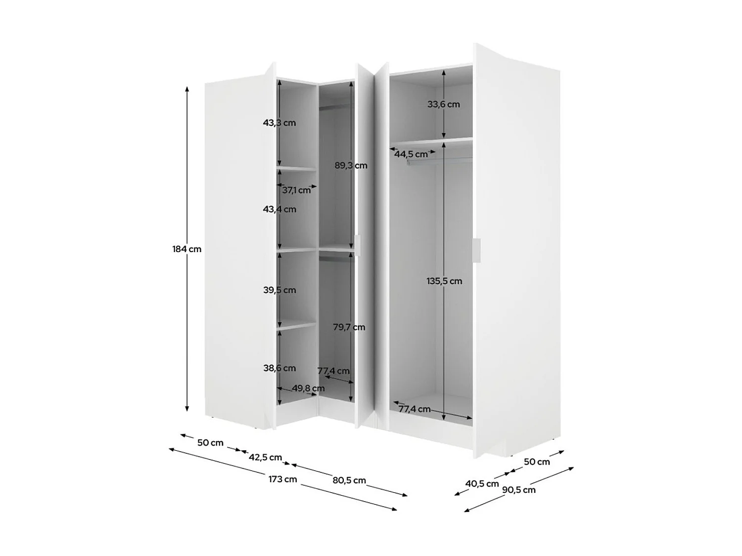 Armario esquinero Essen 4 puertas batientes blanco 184x173,5x90,5 cm
