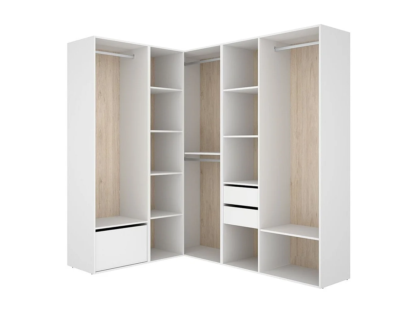 Armario vestidor Suit 4 barras con zapatero y compartimentos blanco/natural 205x182,5x144,5 cm