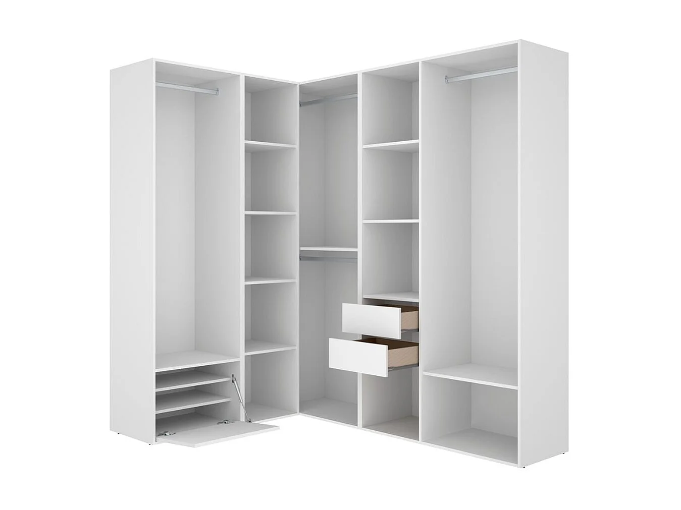 Armario vestidor Suit 4 barras con zapatero y compartimentos blanco/natural 205x182,5x144,5 cm