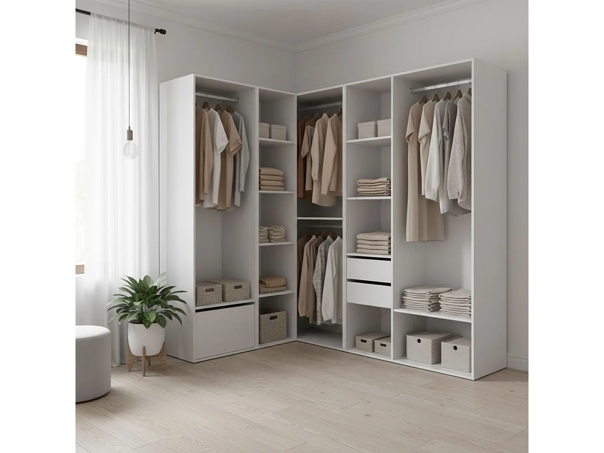 Armario vestidor Suit 4 barras con zapatero y compartimentos blanco/natural 205x182,5x144,5 cm