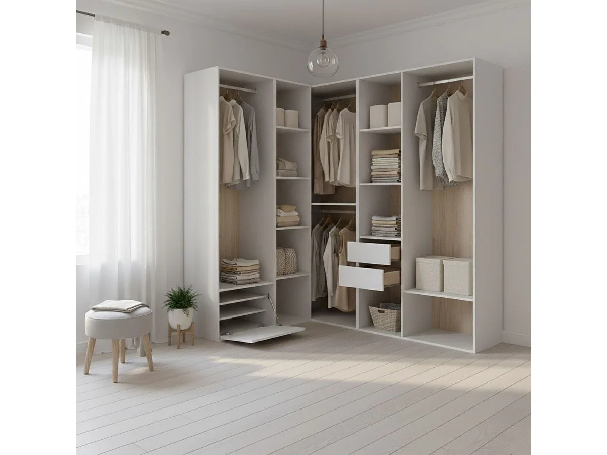 Armario vestidor Suit 4 barras con zapatero y compartimentos blanco/natural 205x182,5x144,5 cm