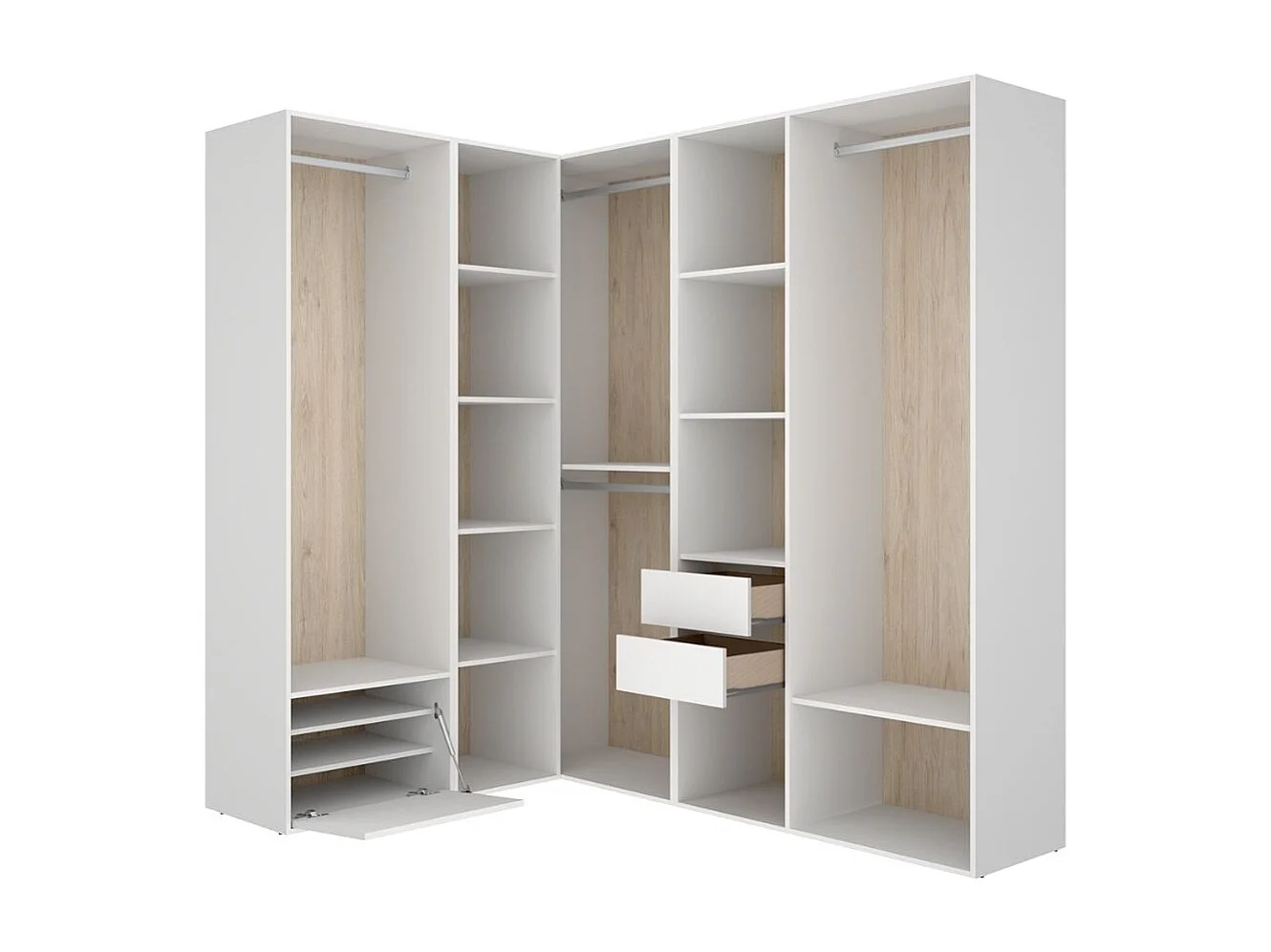 Armario vestidor Suit 4 barras con zapatero y compartimentos blanco/natural 205x182,5x144,5 cm