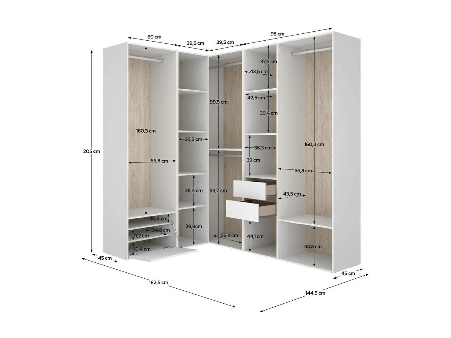 Armario vestidor Suit 4 barras con zapatero y compartimentos blanco/natural 205x182,5x144,5 cm