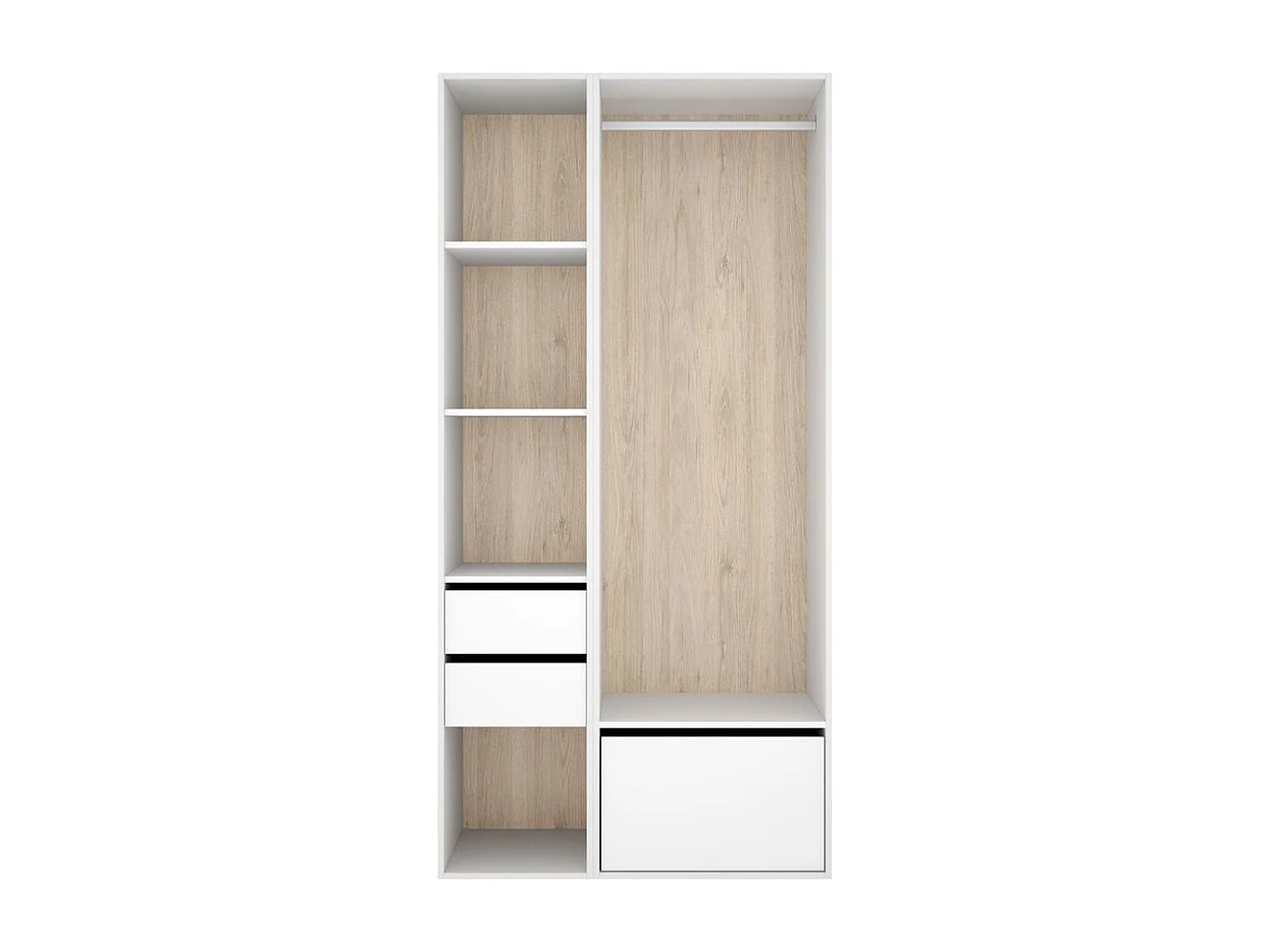 Armario vestidor Suit barra con zapatero y 4 compartimentos blanco/natural 205x99,5x45 cm