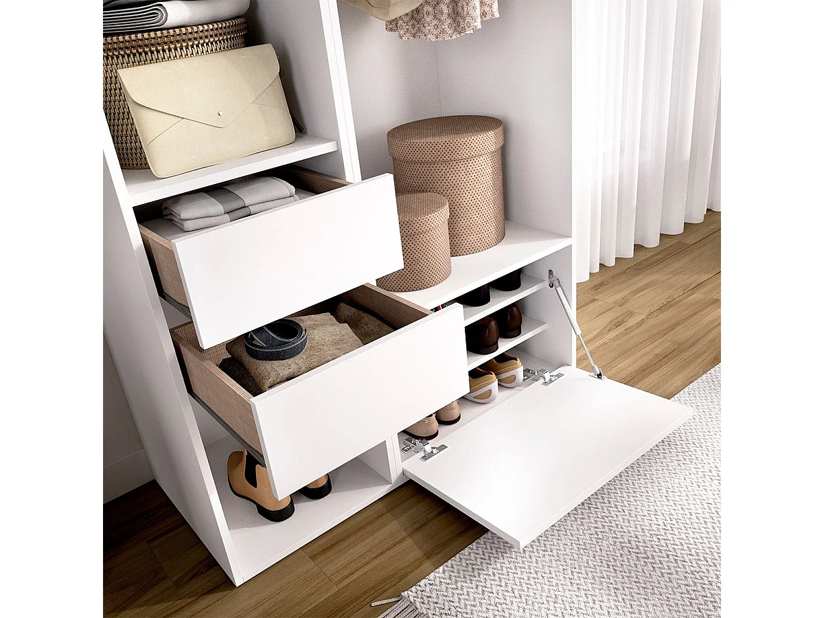 Armario vestidor Suit barra con zapatero y 4 compartimentos blanco/natural 205x99,5x45 cm