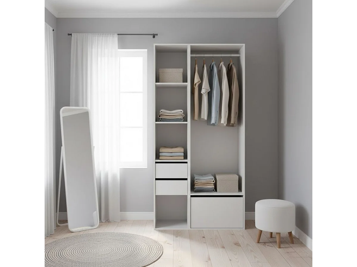 Armario vestidor Suit barra con zapatero y 4 compartimentos blanco/natural 205x99,5x45 cm