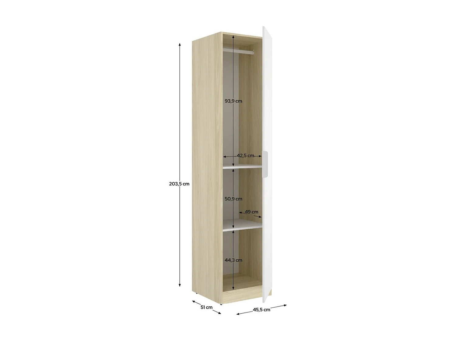 Armario Emax una puerta con barra y 2 estantes blanco/natural 203,5x45,5x51 cm