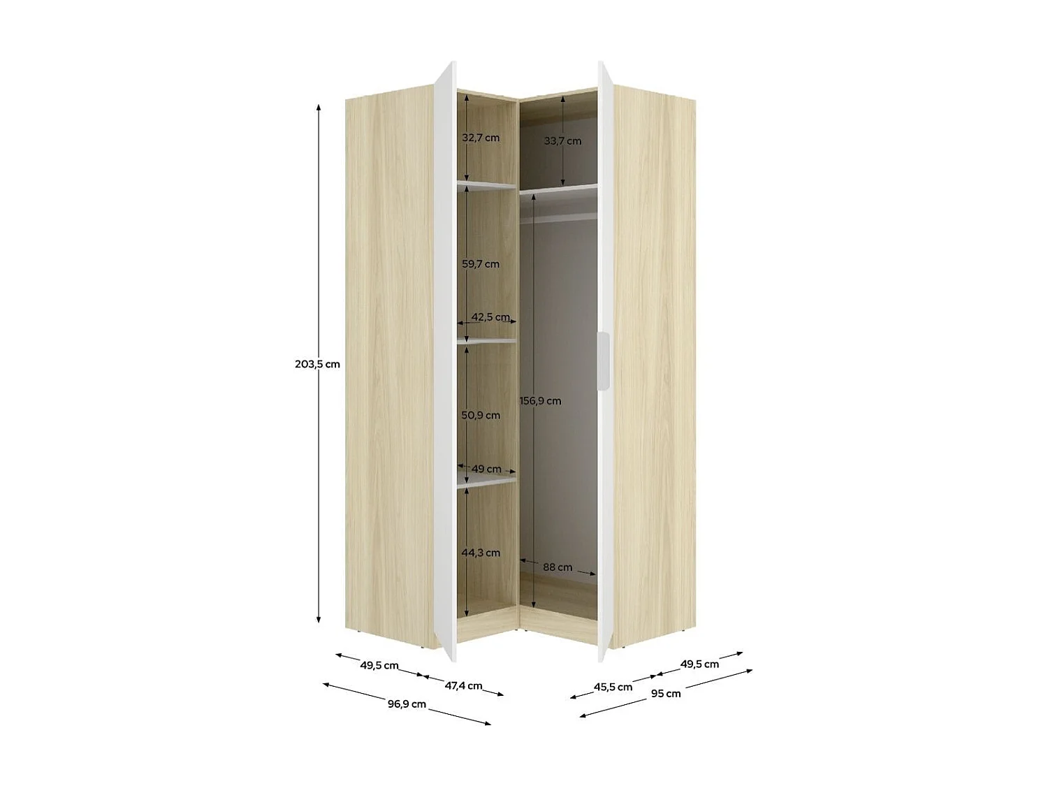 Armario esquinero Emax 2 puertas blanco/natural 203,5x95x97 cm
