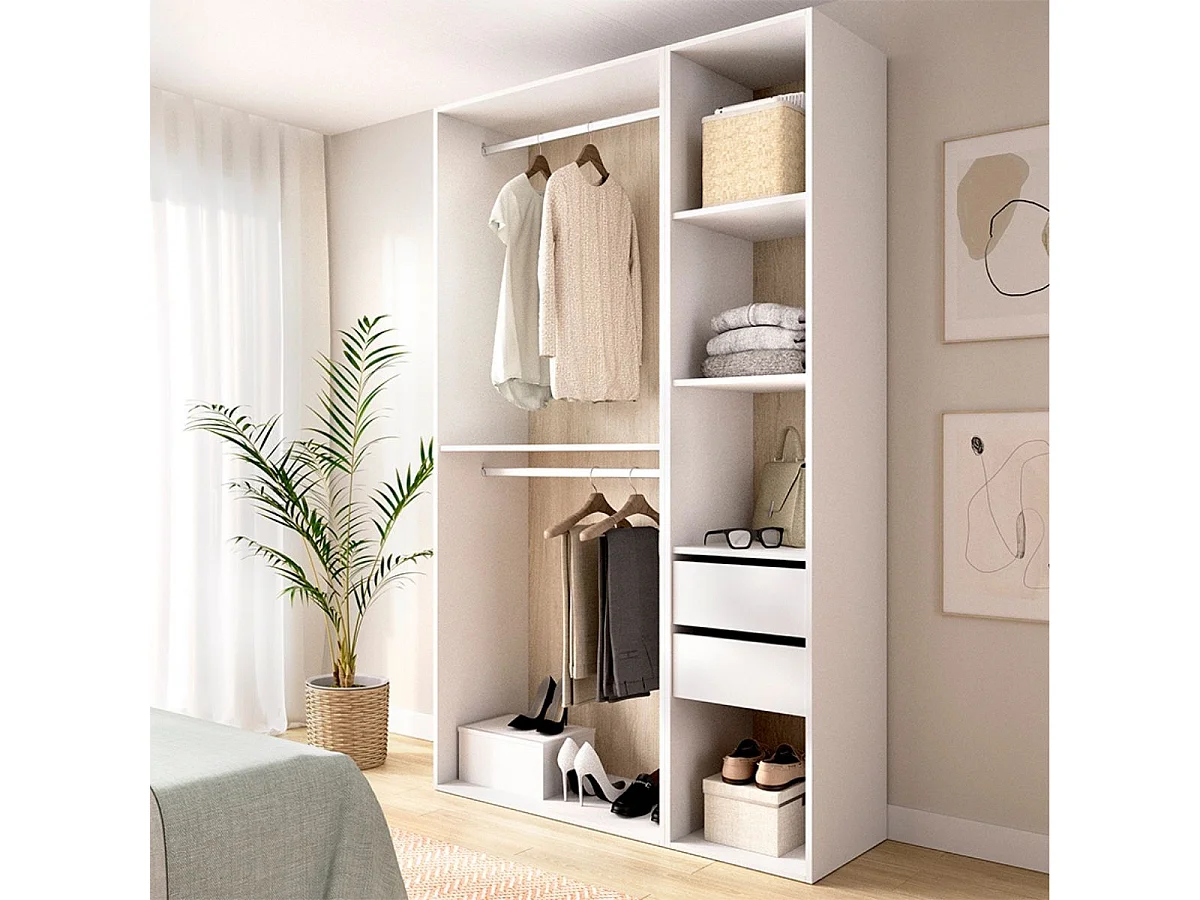 Armario vestidor Suit dos barras y 4 compartimentos blanco/natural 205x119,5x45 cm
