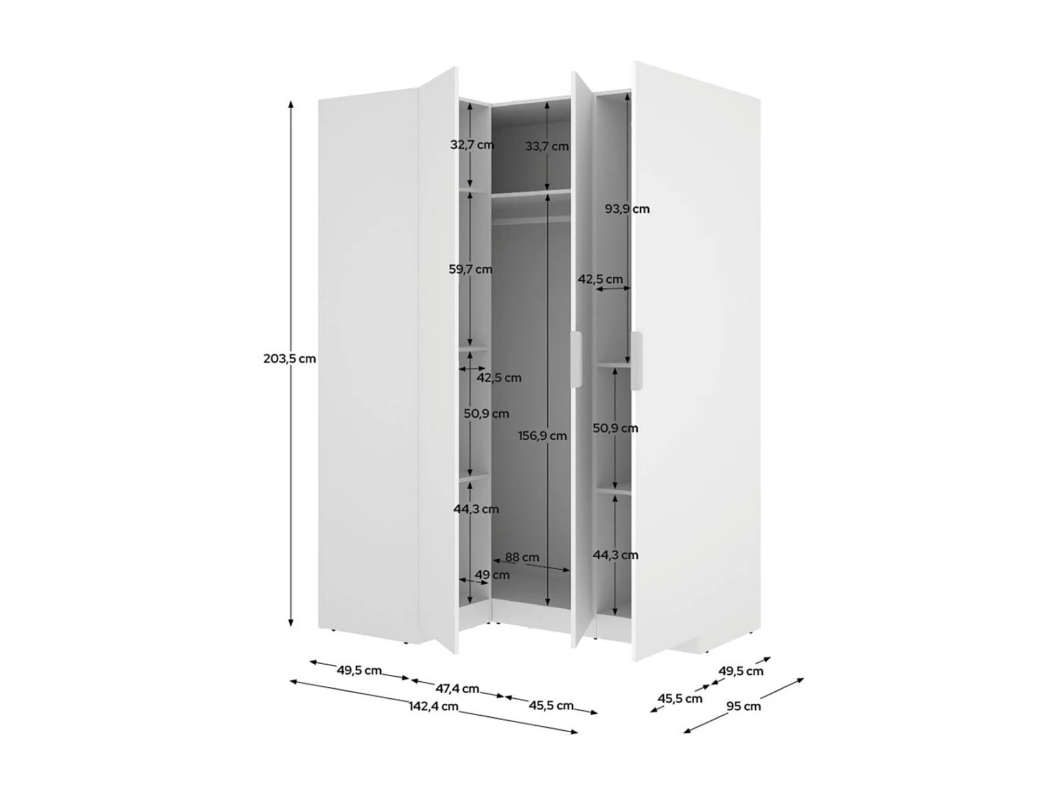 Armario esquinero Emax 3 puertas blanco 203,5x142,4x95 cm