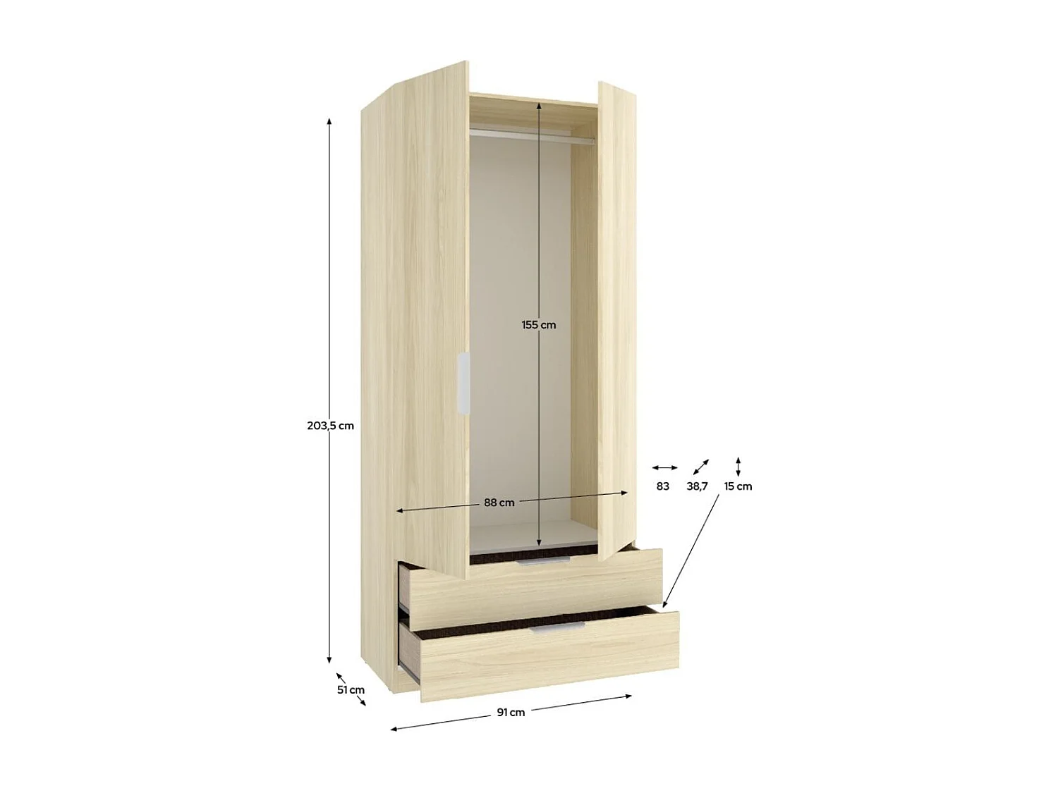 Armario Emax 2 puertas batientes y 2 cajones natural 203,5x91x51,4 cm