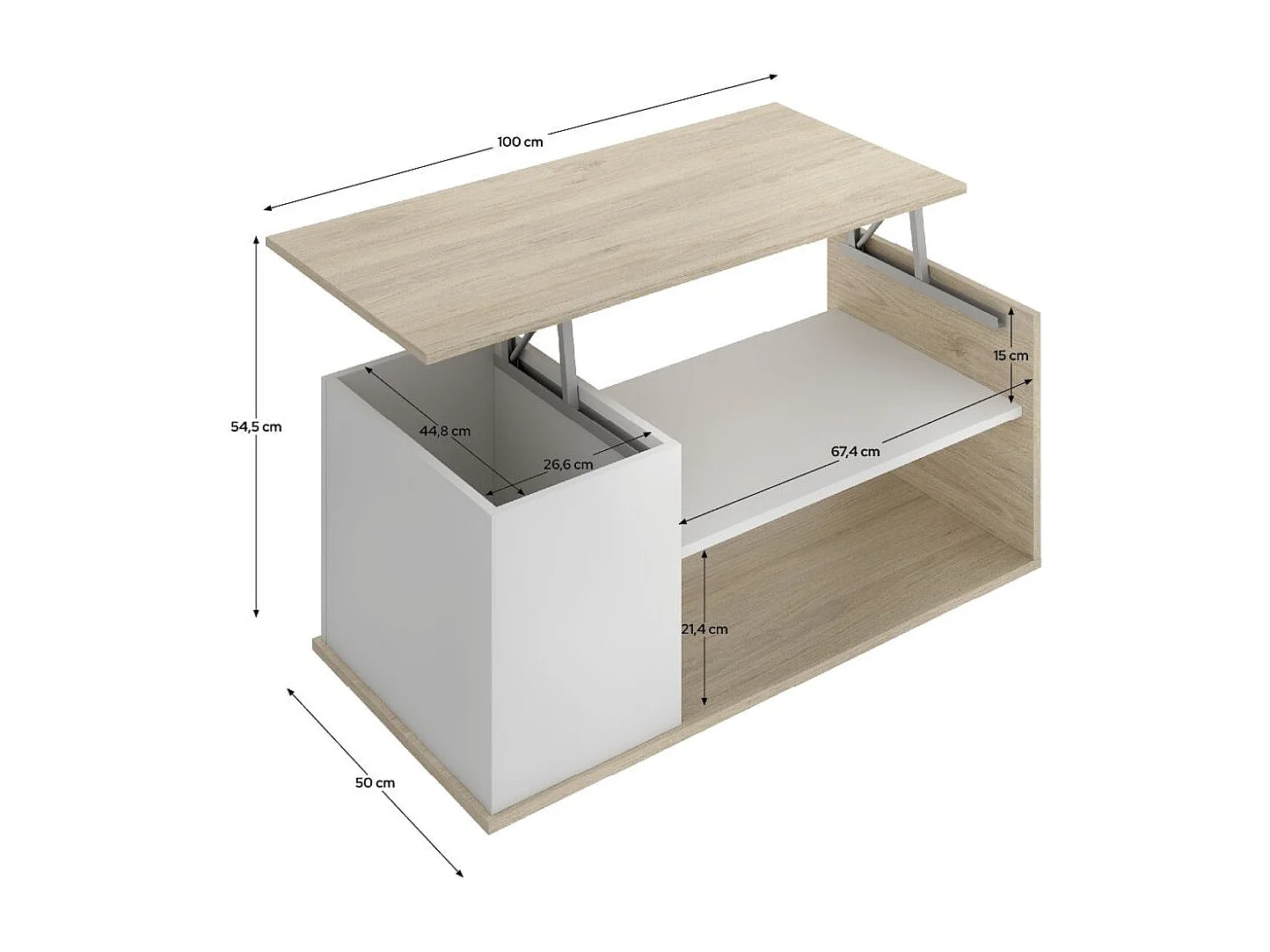 Mesa de centro Bari elevable con estante y compartimento blanco/natural 41,7x100x50 cm