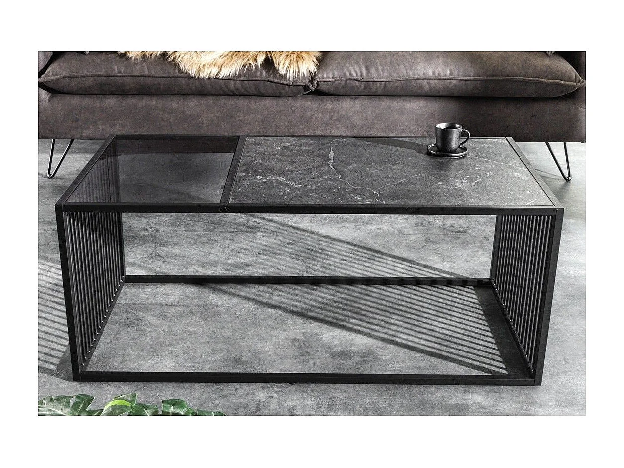 Salontafel ABITTA rechthoekig 100 cm zwart en gerookt glas – Modern met gemengd blad van MDF met marmer effect en gehard glas