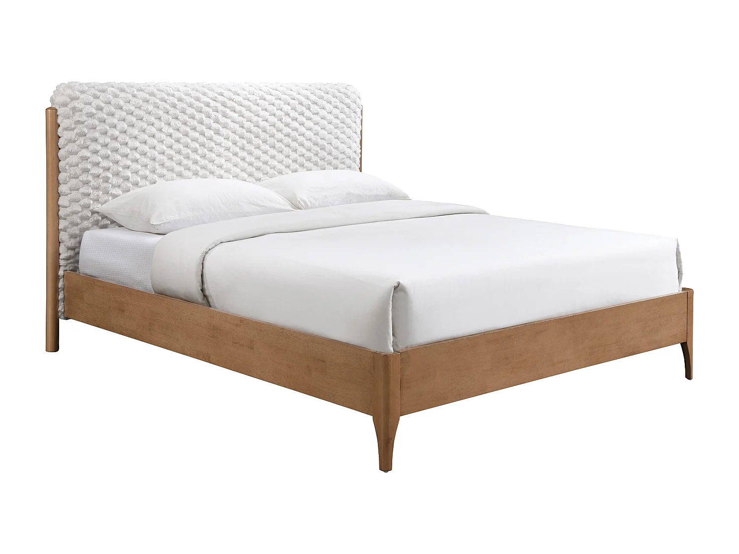 Lit 160 x 200 cm avec tête de lit en fausse fourrure – Blanc et naturel + Matelas – SERAVELA