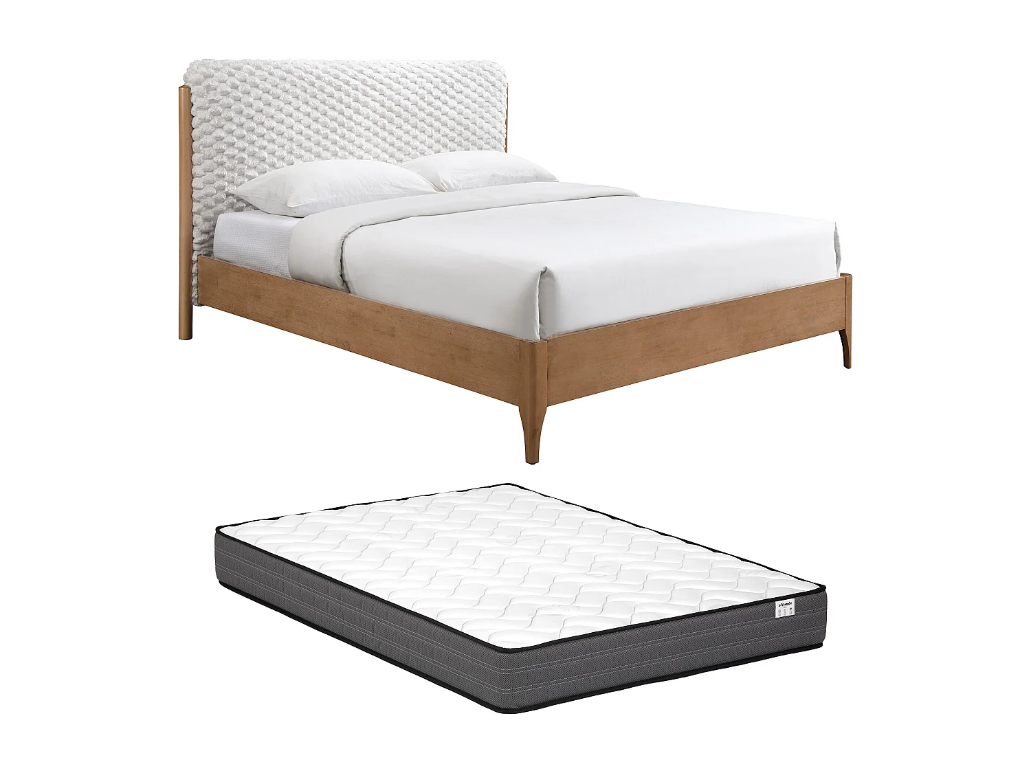 Lit 160 x 200 cm avec tête de lit en fausse fourrure – Blanc et naturel + Matelas – SERAVELA