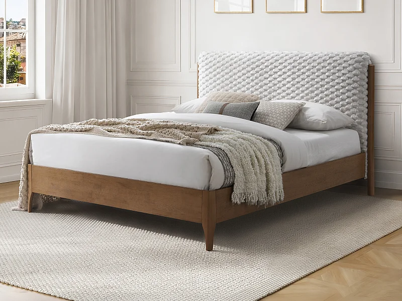 Lit 160 x 200 cm avec tête de lit en fausse fourrure – Blanc et naturel + Matelas – SERAVELA