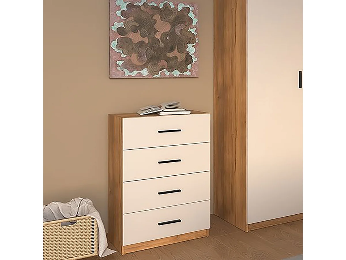 Chiffonnier commode à 4 tiroirs coloris Beige/chêne Mauvella - Longueur 60 x Hauteur 100 x Profondeur 34,5 cm