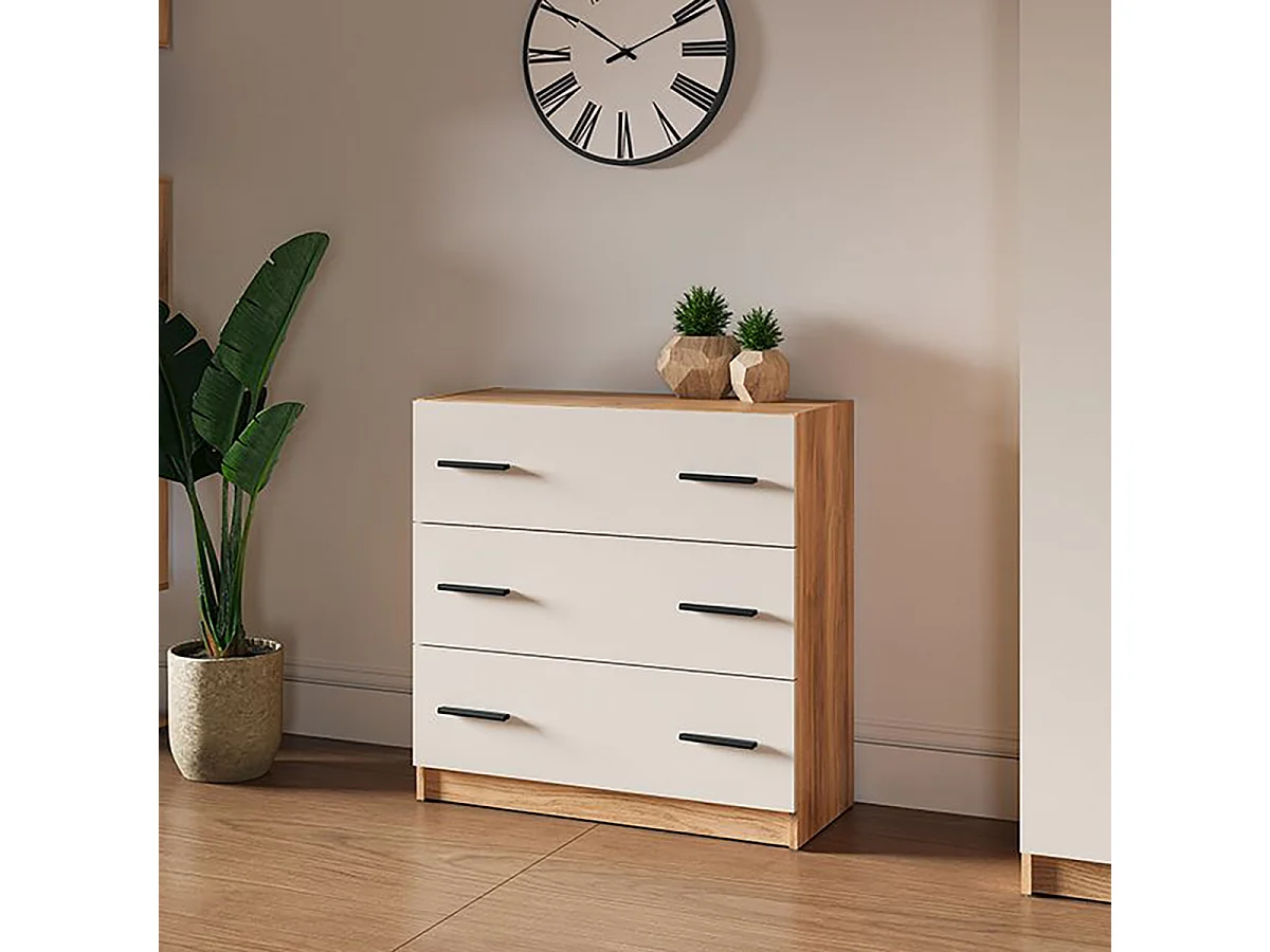 Commode à 3 tiroirs coloris Beige/chêne Mauvella - Longueur 80 x Hauteur 81 x Profondeur 34,5 cm