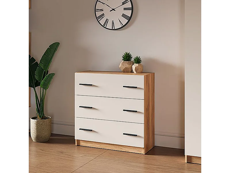 Commode à 3 tiroirs coloris Beige/chêne Mauvella - Longueur 80 x Hauteur 81 x Profondeur 34,5 cm