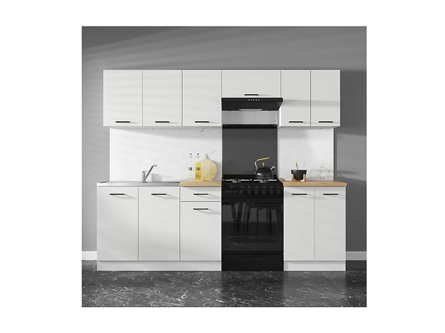 Cuisine complète 240 cm,Ensemble de meuble de cuisine finition Blanc laquée craie, sans plan de travail