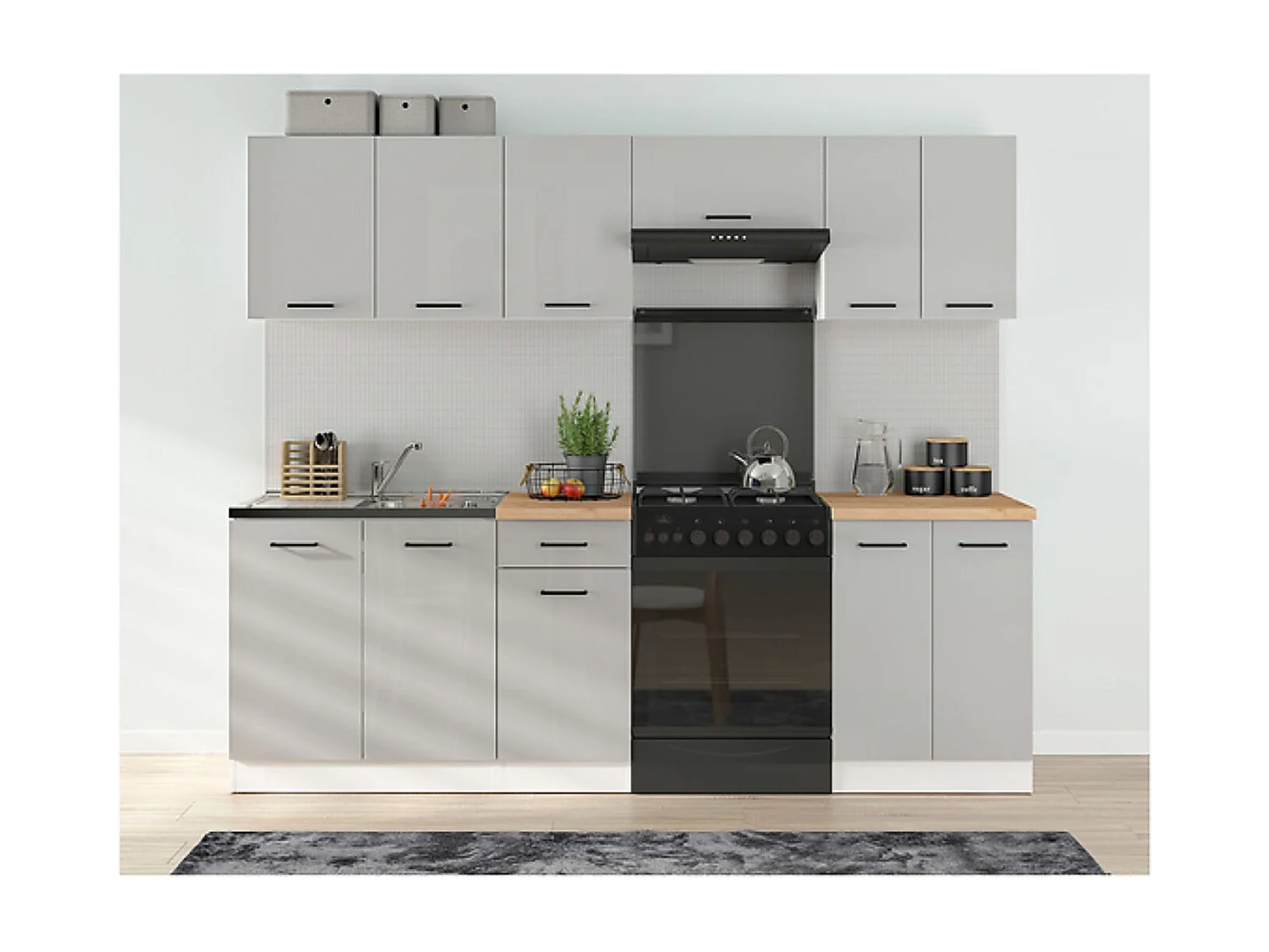 Cuisine complète 240 cm,Ensemble de meuble de cuisine coloris gris clair brillant, sans plan de travail