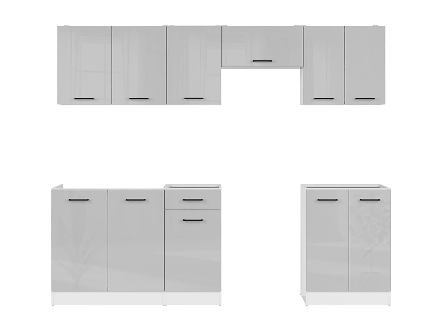 Cuisine complète 240 cm,Ensemble de meuble de cuisine coloris gris clair brillant, sans plan de travail