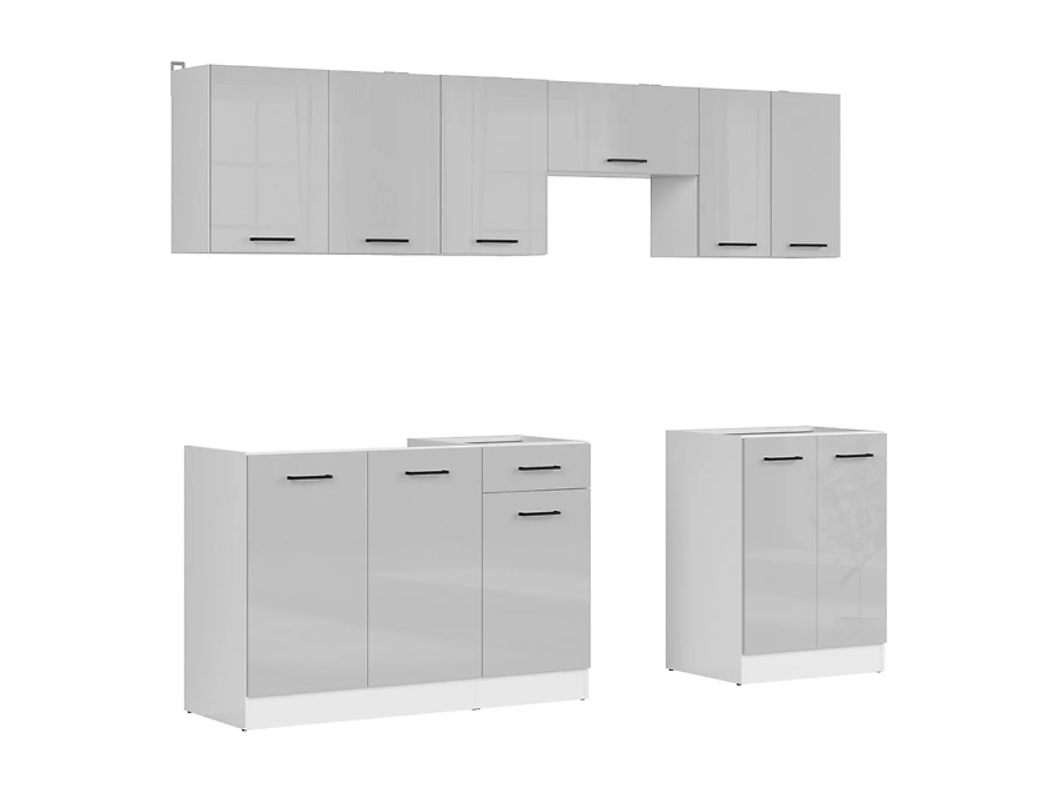 Cuisine complète 240 cm,Ensemble de meuble de cuisine coloris gris clair brillant, sans plan de travail