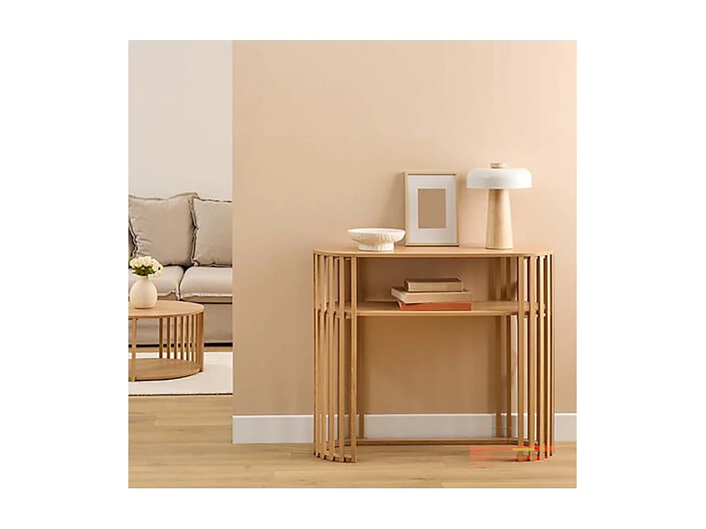 Table console décorative à lignes arrondies, coloris beige - Longueur 100 x Profondeur 35 x Hauteur 85 cm