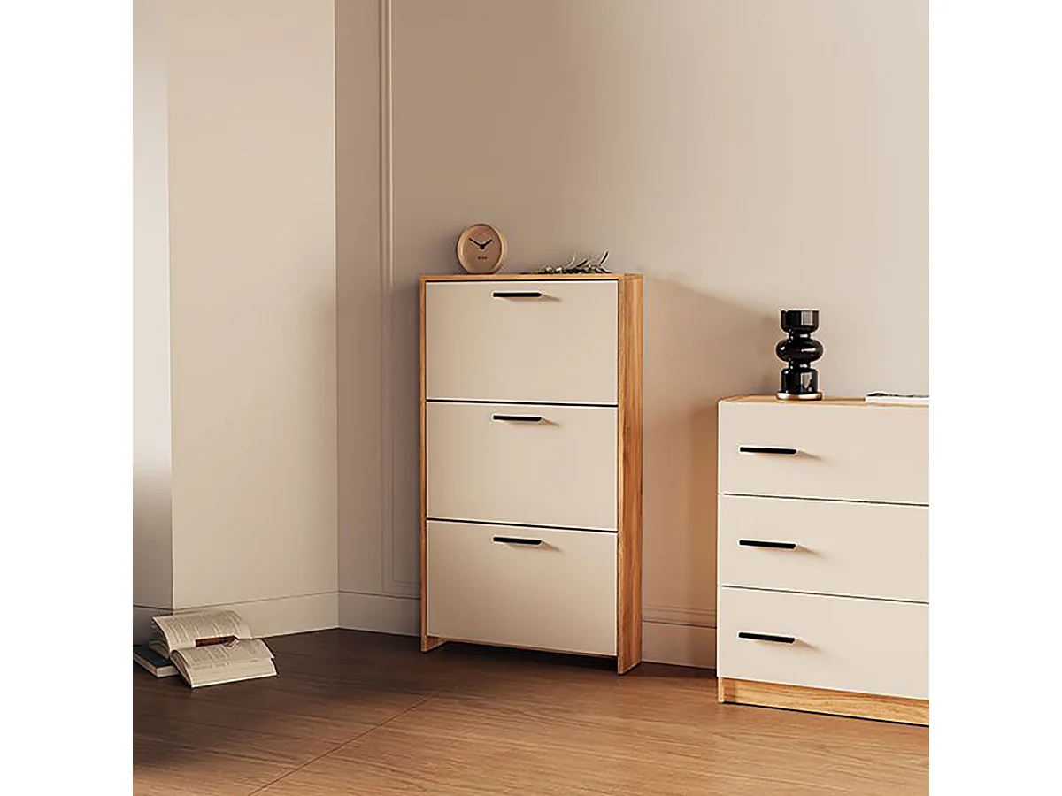 Meuble à chaussures 3 portes avec pieds, coloris Beige/chêne Mauvella - Longueur 68,5 x Hauteur 115,5 x Profondeur 17 cm