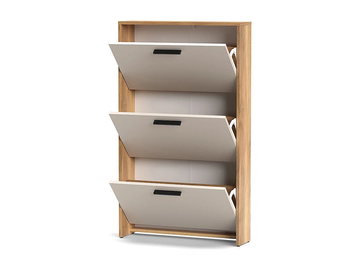 Meuble à chaussures 3 portes avec pieds, coloris Beige/chêne Mauvella - Longueur 68,5 x Hauteur 115,5 x Profondeur 17 cm