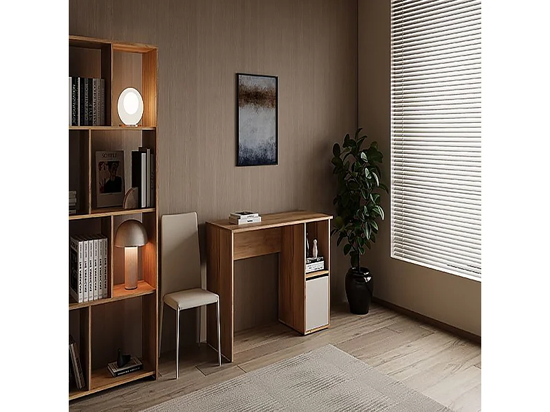 Table d'ordinateur avec 1 étagère et 1 porte coloris Beige/chêne Mauvella - Longueur 120 x Hauteur 75 x Profondeur 50 cm