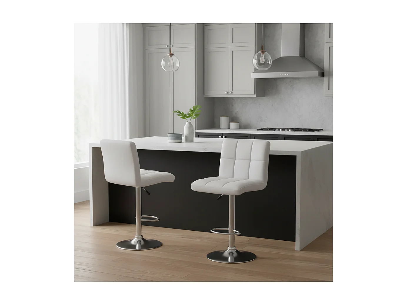 Lot de 2 Tabourets de cuisine, tabouret de bar haut en similicuir blanc réglable avec repose-pieds chromé - Longueur 44 x Hauteur 93 x Largeur 44 cm