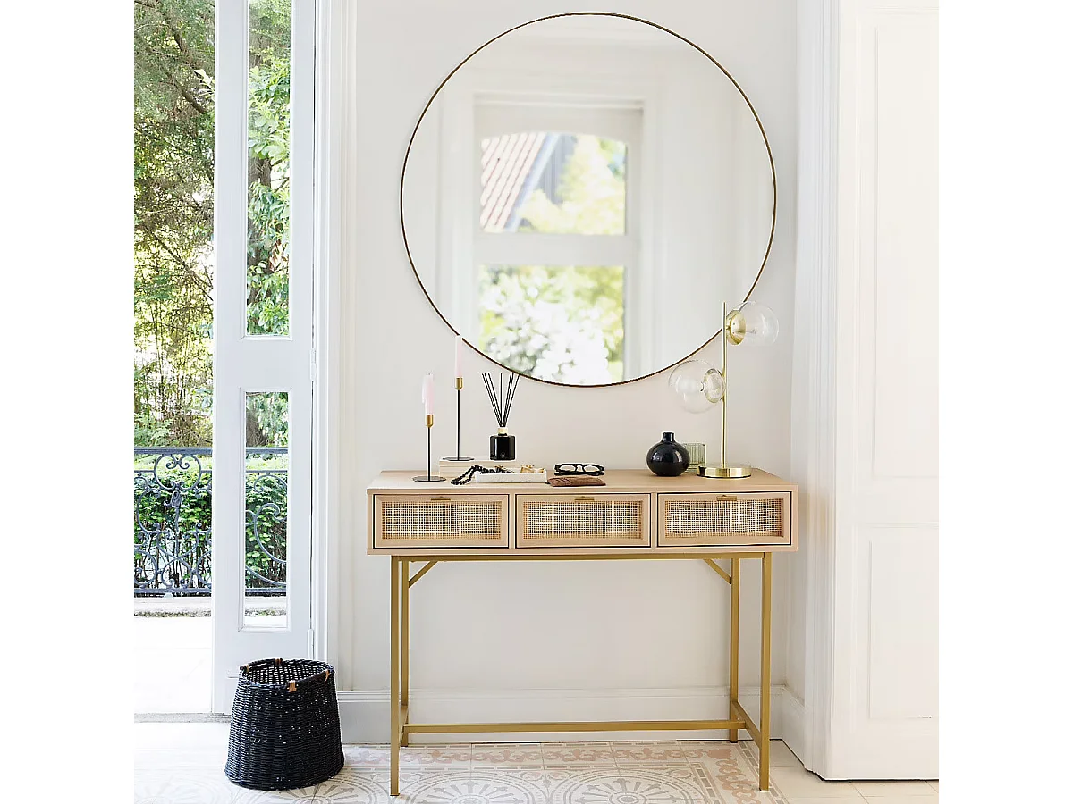 Table Console meuble d'entrée à 3 tiroirs cannage rotin - Longueur 110 x Profondeur 40 x Hauteur 80 cm